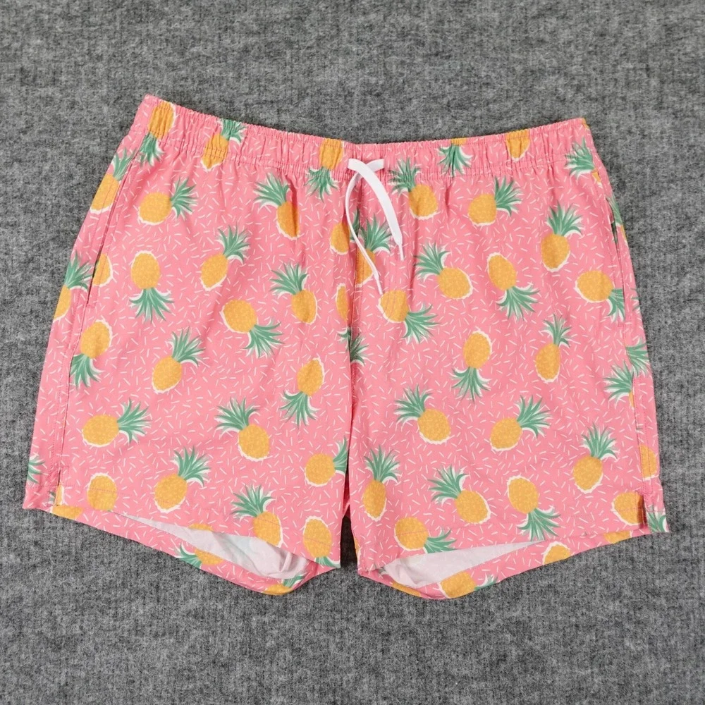 Bear Bottom Swim Trunk Mens 2XL Pink Pineapple Print Mesh Lined Pool‎ Beach